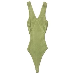 Abercrombie & Fitch Green Ribbed Sleeveless Deep V-Neck Bodysuit